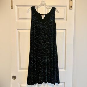 Vintage Chico's Travelers Collection 
Black Midi Dress with Blue Pattern